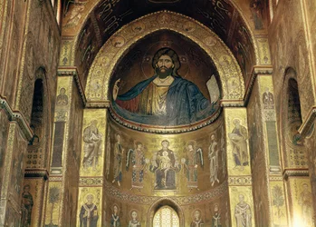 (TtoB) Pantokrátor Krisztus; Szűz és gyermek angyalokkal és apostolokkal, a főapszisból, 12-13. század (mozaik)