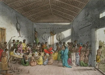 Bankett Abesszíniában, Jules Ferrario „Le Costume Ancien et Moderne” című művének 11. táblája, az 1820-as és 30-as évek körül megjelent (színes litó)