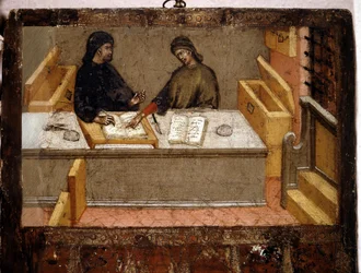 Egy kamarás és egy adószedő a hivatalban, Biccherna (Siena város számviteli nyilvántartásának borítója), 1394. Nemzeti Levéltár - Museo delle Tavolette di Biccherna, Siena