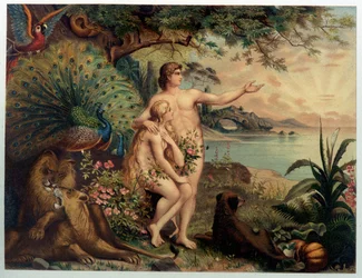 Ádám és Éva au Paradise földi (Éden) - a „” Arany klasszikus Bibliában: az isteni kinyilatkoztatás története az ősi és új törekvésben „””, Giovanni Ladislao Sykora (1. köt.), Don Clemente Benetti fordítása. (olasz Biblia)