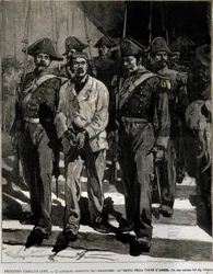 Giovanni Passannante (1849-1910) letartóztatása, aki 1878-ban Nápolyban megtámadta I. Umberto (I. Humbert) olasz királyt. Ez az esemény ihlette meg Giovanni Pascoli (1855-1912) költőt egy ódában. századi metszet