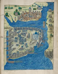 Arundel 93 fol.155 Konstantinápoly és Pera térképe, Cristoforo Buondelmonti (c.1385-c.1430), 