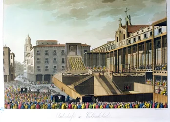 Auto da Fe in Valladolid, Jules Ferrario Le Costume Ancien et Moderne című művéből, Bramati és Raineri metszete, Milánóban megjelent, 1820 körül