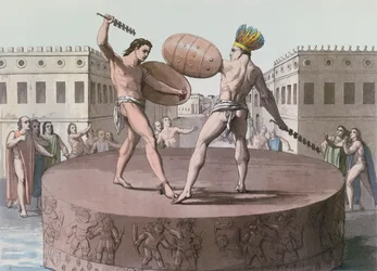 Azték harcosok harcban egy Cuauhxicalli-n, 1820 körül