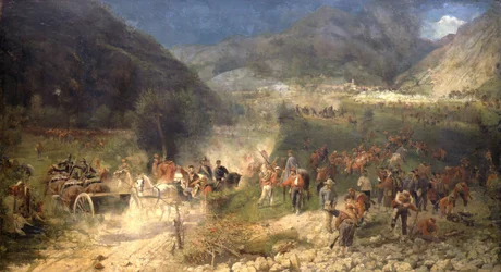 Bezzeccai csata: Giuseppe Garibaldi önkéntesei az osztrákokkal harcolnak 1866. július 21-én. Risorgimento Múzeum. Milánó.