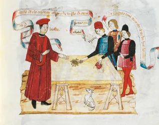 Miniatűr bíró megvesztegetése a Kiváltságok könyvéből, kézirat, Olaszország 15. század.