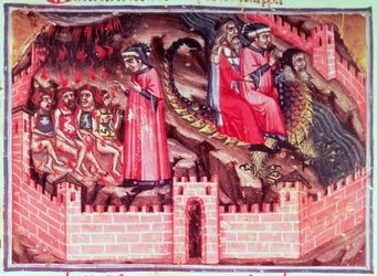 XVII. ének, négy szodomita: Dante és Vergilius Gerüón hátán lovagolnak a csalók körébe, az Isteni színjátékból (Pokol), kb. 1313