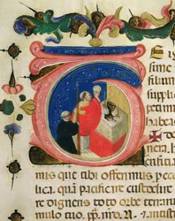 Eucharisztia ünnepe, a Szent Jeromos világi céh egyik Mariegolájából, 1400 körül (tinta és aranylevél pergamen)