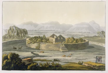 A perui Cannar kör alakú erődje a Le Costume Ancien et Moderne II. kötetből, 1. tábla, Jules Ferrario, kiadva az 1820-as és 30-as évek körül