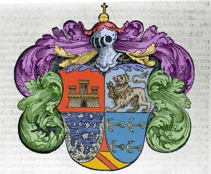 Kolumbusz Kristóf (1451-1506) hajós címere: a pajzs négy része felül Kasztília és León városát, alul a felfedezett szigeteket és az admirális horgonyjelképeit ábrázolja. Metszet a „Navigationi and Viaggi” című könyvből