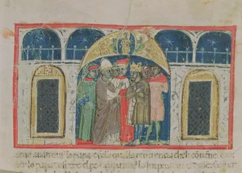 Codex Correr I 383 A III. Sándor pápa (1159-81) és Barbarossa Frigyes császár (1123-1190 körül) közötti béke a Szent Márk téren (pergamen).