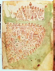 Cotton Vespasianus A. XIII, f.36v: Konstantinápoly térképe, 1450 körül (vellum)