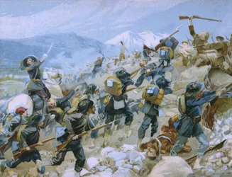 A krími háború és a csernajai csata, 1855. augusztus 16., illusztráció egy, a Risorgimento történetéről szóló, Talmone csokoládé számára készült albumból, a 19. század vége