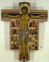 Keresztrefeszítés a szenvedély történeteivel, Lucca Iskolája (tempera a panelen)