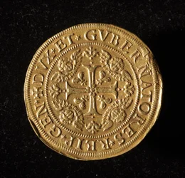 A Gének Köztársaság pénzneme: 12,5 arany dupla érme. Átm. 61 mm. 1656. Elöl. Strada Nuova génmúzeumai (6453. szám)