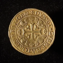 A Gének Köztársaság pénzneme: 12,5 arany dupla érme. Átm. 61 mm. 1656. eleje. Strada Nuova génmúzeumai (6456. sz.)