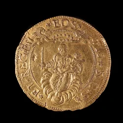 A Gének Köztársaságának pénzneme: 20 arany doppie. Átmérője 58 mm. 1645. Vissza. Genes Musei di Strada Nuova