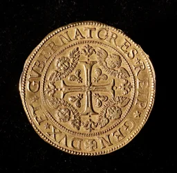 A Gének Köztársaság pénzneme: 20 dupla arany. Átmérője 58 mm. 1645. Elöl. Strada Nuova génmúzeumai (l., M7097)