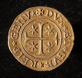 A Gének Köztársaságának pénzneme: öt arany doppie érme. Átm. 41 mm. 1642. Elöl. Genes Musei di Strada Nuova