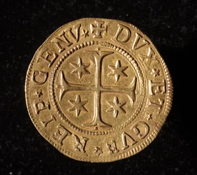 A Gének Köztársaságának pénzneme: öt arany doppie érme. Átm. 41 mm. 1652. Elöl. Genes Musei di Strada Nuova