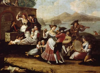 Táncjelenet és népünnepély Nápolyban. Tarantellatáncosok (tarantella, tarantella). Ismeretlen festő képe. 18. század, Nápoly, Museo Nazionale di San Martino