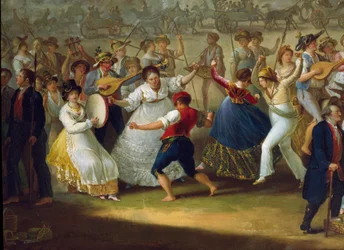 Táncjelenet és népünnepély Nápolyban: tarantellatáncosok. Ismeretlen festő műve. 18. század, Nápoly, Museo Nazionale di San Martino