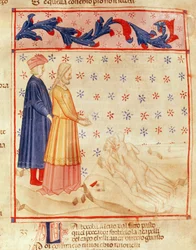 Dante és Vergilius (Kr. e. 70-19) felfedezik Ugolino grófot, Dante Alighieri (1265-1321) "Isteni komédiája" című művéből (pergamen).