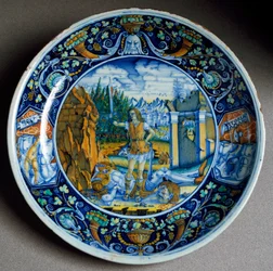 Dávid diadala Góliát felett. Az olaszországi Faenzában készült kerámiatányér. 1507 körül, Firenze, Museo Nazionale del Bargello