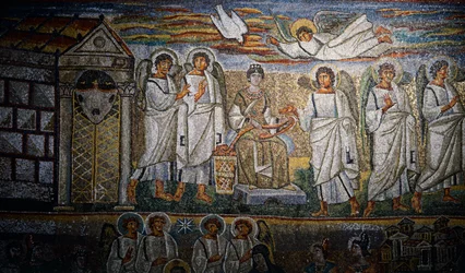 Részlet Krisztus első eljövetelének és Jézus gyermekkorának jeleneteiből, a Santa Maria Maggiore bazilika diadalívének mozaikja, Róma, Olaszország, 5. század.