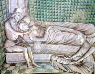 Részlet a pármai Roccabianca kastély freskójáról 1480-ból, ma a milánói Castello Sforzescoban. Griselda történetét képviseli, amely Giovanni Boccacio „Decameron” (1313-1375) című novellájából származik. (Grisélidis). Ez a sto