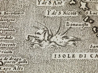 Részlet egy tengeri elefántról, a hátából kiálló tüskék lenyűgöző sorával, „a világ leghíresebb szigetéről, amelyet Thomaso Porcacchi ír le Castiglione-ból, Arretinóból, és Girolamo Porro faragta, Padovano”