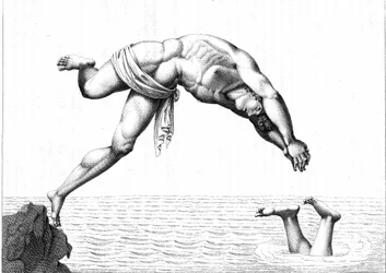 Oronzio De Bernardi 1794-es metszete „A lebegő ember, ez az úszás megfontolt művészete”. Az úszás csemegéi.