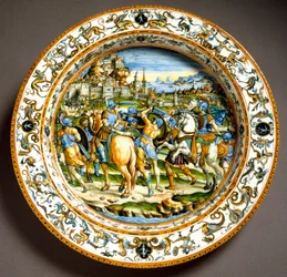 Epizód Julius Caesar életéből. Az olaszországi Urbinóban, a Fontana-műhelyben készült kerámiatányér. 1550 körül, Firenze, Museo Nazionale del Bargello