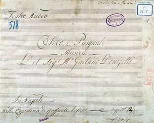 Gaetano Donizetti „Olivo e Pasquale” című operájának kotta első oldala (tintával papíron)