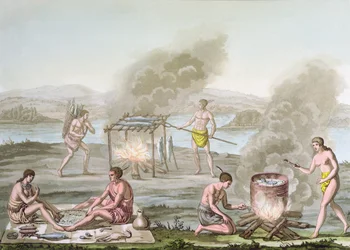 Floridai indiánok ételt készítenek és főznek, 1820 körül