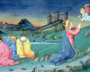 Fol.104r Az Olajfák hegyén imádkozva egy angyal érkezik, hogy megvigasztalja Krisztust (vellum)