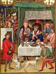 Fol 1v Január hónap: Gazdag Úr az asztalnál, a Breviarium Grimani-ból, 1515 körül