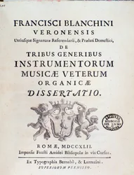A Tribe Instrumentorum Musicae Veterum "" című művének előlapja, Francesco Brea régi hangszerekről