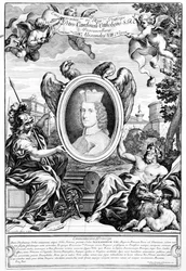 Augustus ősi boltívének homlokzata Pietro Ottoboni bíboros portréjával, Robert van Audenaerde metszetével, 1690
