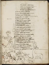 Harley 2453, f.55 Vadászjelenet vaddisznóval, szarvassal, vadászokkal, kutyákkal és nyúllal, a Tragodiae-ból, Lucius Annaeus Seneca