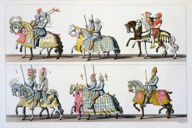 Szent Római Birodalom: A luxemburgi kastélyban rendezett verseny résztvevői I. Maximilian idejében, Costumi dei Romaniból, Svizzeriből. 1800-18.