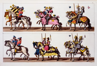 Szent Római Birodalom: A luxemburgi kastélyban rendezett verseny résztvevői I. Maximilian idejében, Costumi dei Romaniból, Svizzeriből. 1800-18.