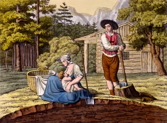 Az osztrák Alpok tanyát készítő lakói, Costumi dei Romaniból, Svizzeriből.. 1800-18 körül