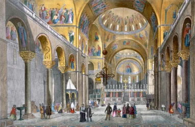 A Szent Márk-bazilika belseje, a kupola felé nézve, Cecchini, Pividor és Viola velencei kilátásából, 1850 körül (kézzel színezett litó)