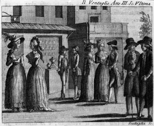 Carlo Goldoni (1707-1793) „Il ventaglio” (Az esemény) (1764) című képregény III. felvonásának utolsó jelenete. 18. századi metszet