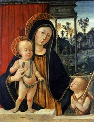 Madonna és gyermeke egy fiatal Keresztelő Jánossal, 1500 körül (tempera nyárfán)