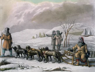 Kamcsatskai férfiak kutyaszánnal, a Costumi dei-ből, Giulio Ferrario, 1820-30-as évek
