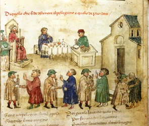 Viselkedési minta zarándokok számára - a „Croniche del Sercambi” című műben, 1400 körül. Állami Levéltár, Lucca.