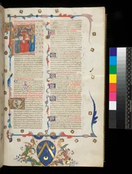 Ms 390. Seneca the Younger, Opera és Seneca the Older, Excerpta controversiarum, f.1r. Incipit oldal történetírással készült kezdőbetűvel [L], amelyben Jerome, St Paul és Seneca, Veneto található