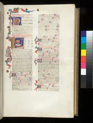 Ms 390. Seneca the Young, Opera és Seneca the Older, Excerpta controversiarum, f.95r. Lakott kezdőbetűvel [L], Seneca portréjával a Szerencsekerékre és egy levert férfialakra a határon